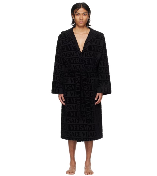 Versace Logo Towelling Belted Robe In Black