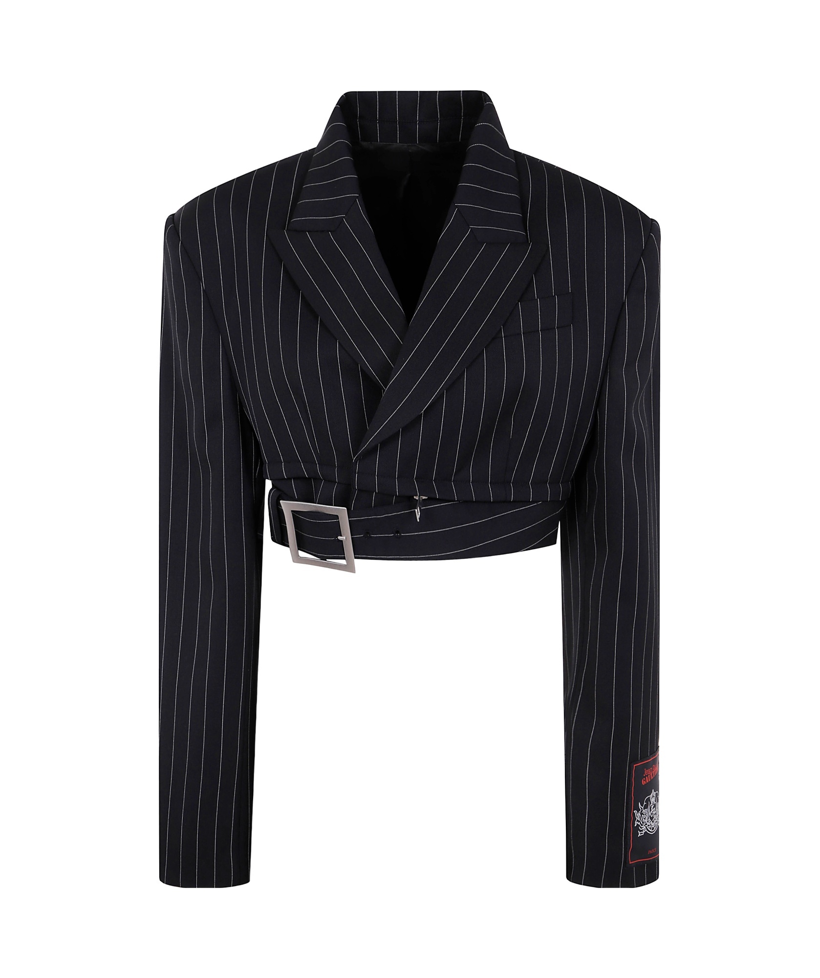 Jean Paul Gaultier Double-breasted Belted Cropped Pinstriped Wool-twill Blazer In Black