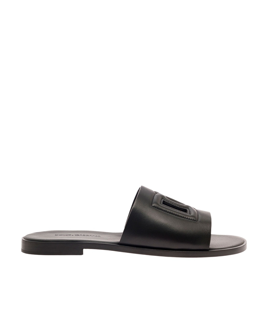 Dolce & Gabbana Black Sandals With Dg Logo Cut-out In Leather Man In Black