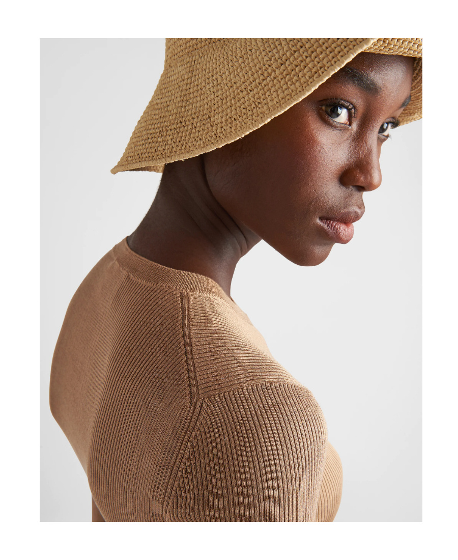 Prada Logo-intarsia Rib Cropped Silk Sweater In Camel Brown