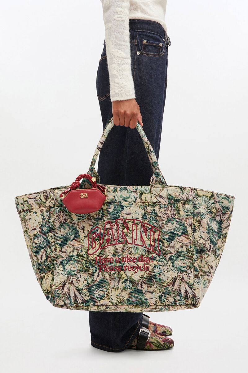 Ganni Large Floral-pattern Tapestry-effect Tote Bag In Brown