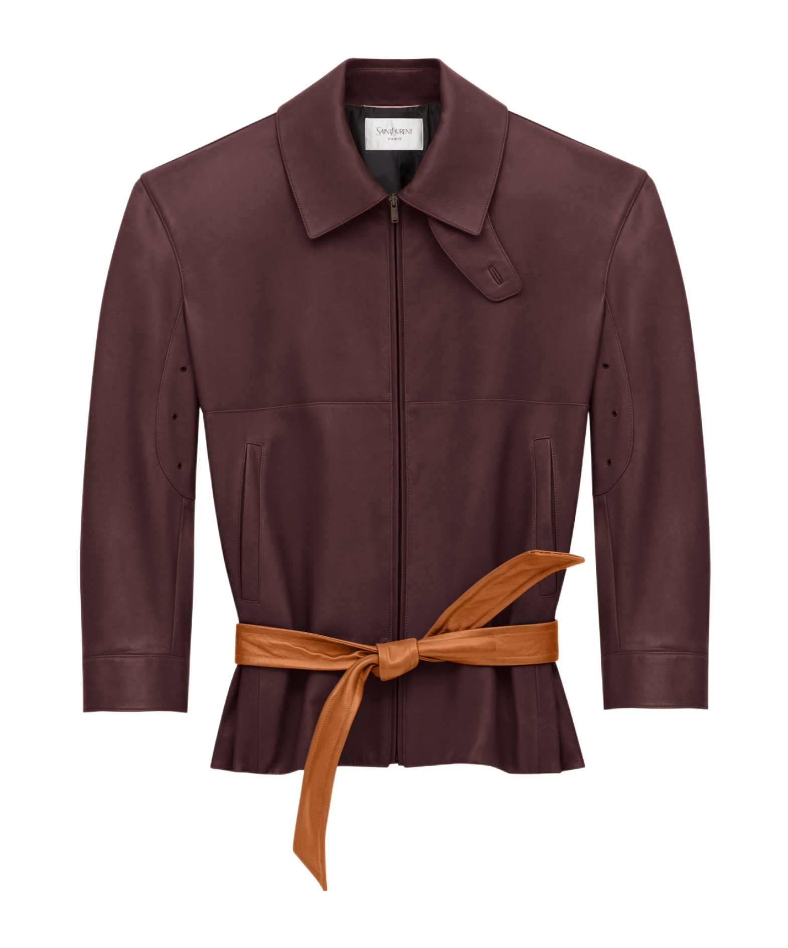 Saint Laurent Belted Jacket In Lambskin In Brown