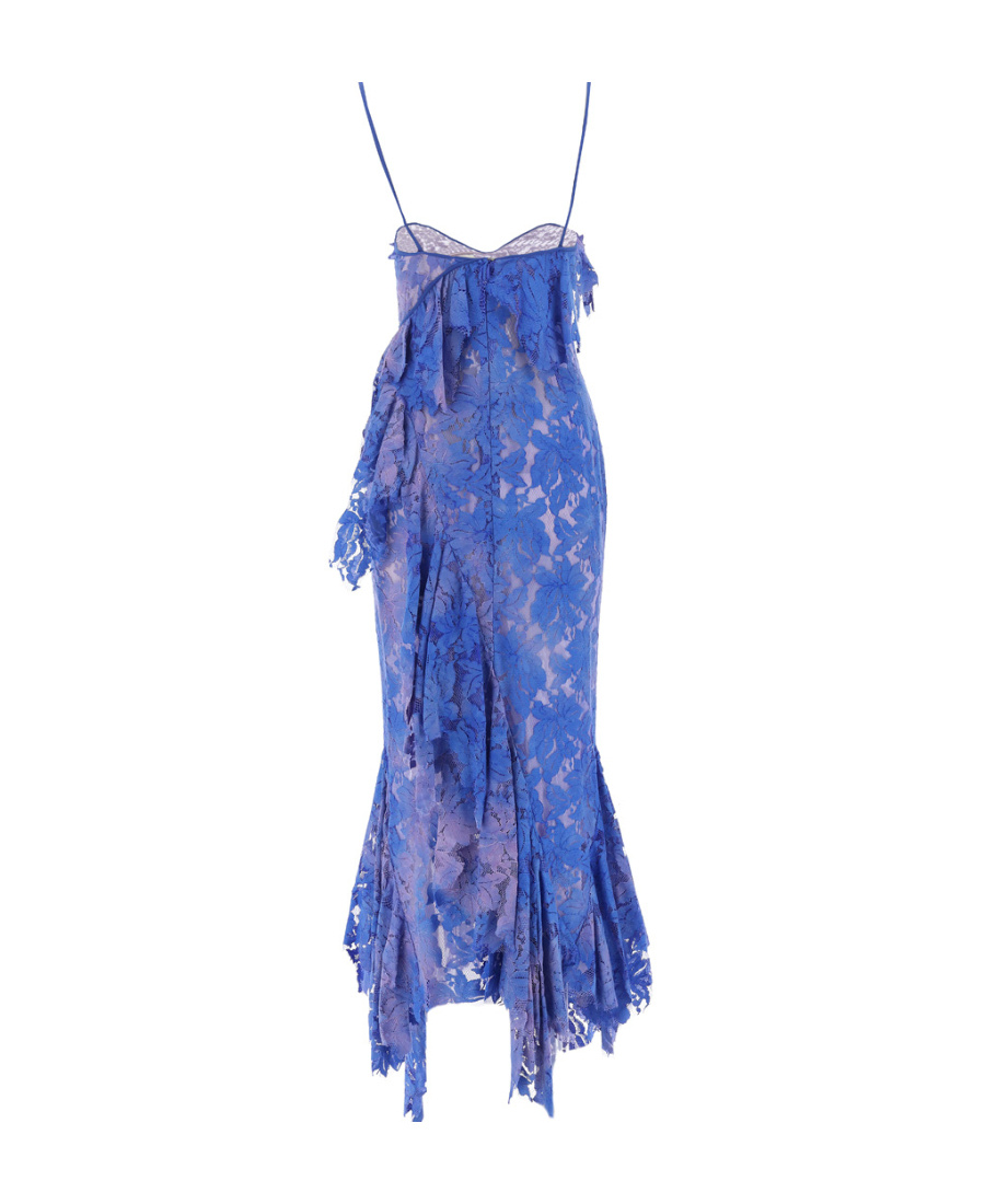 Attico Thelma Ruffle Godet-hem Lace Midi Dress In Blue