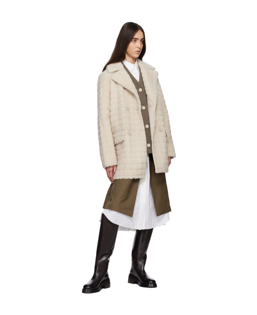 Yves Salomon Off-white Check Coat In Nude