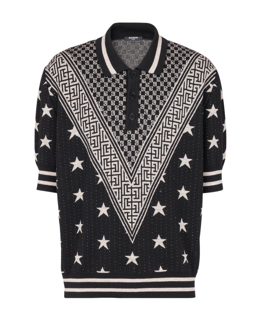 Balmain Monogram Stars Knitted Polo Shirt In Black