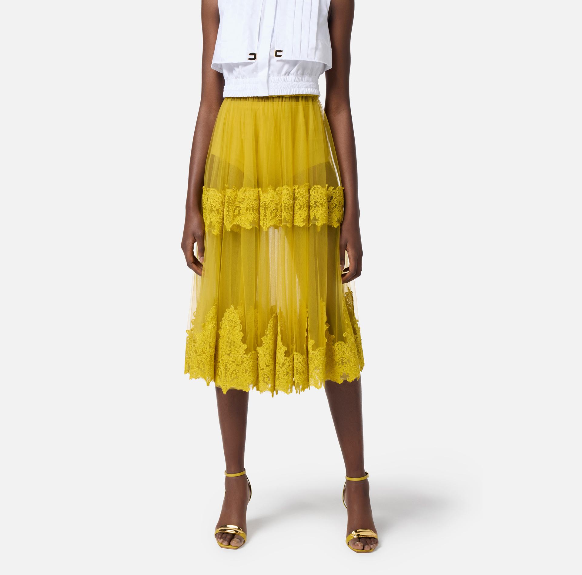 Elisabetta Franchi Tulle Skirt With Lace Decorations In Curry Color