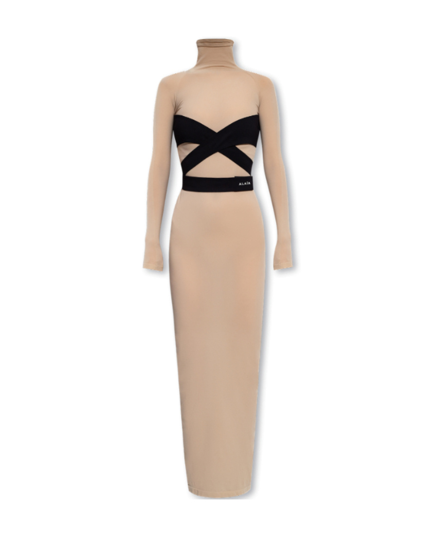 ALAÏA ALAÏA LOGO EMBROIDERED LONG-SLEEVED MIDI DRESS