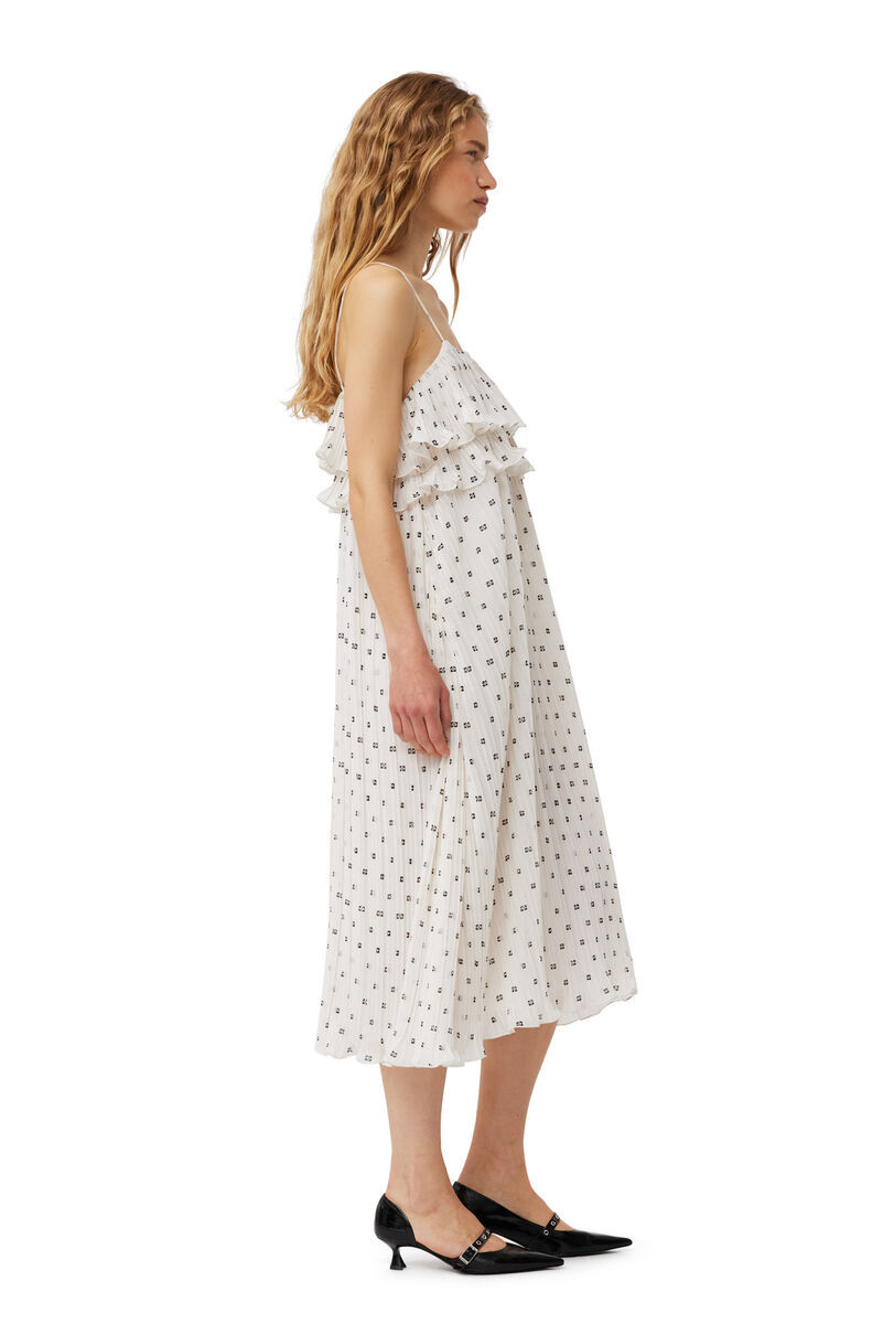 Ganni Gestuftes Midikleid Aus Bedrucktem Georgette In White