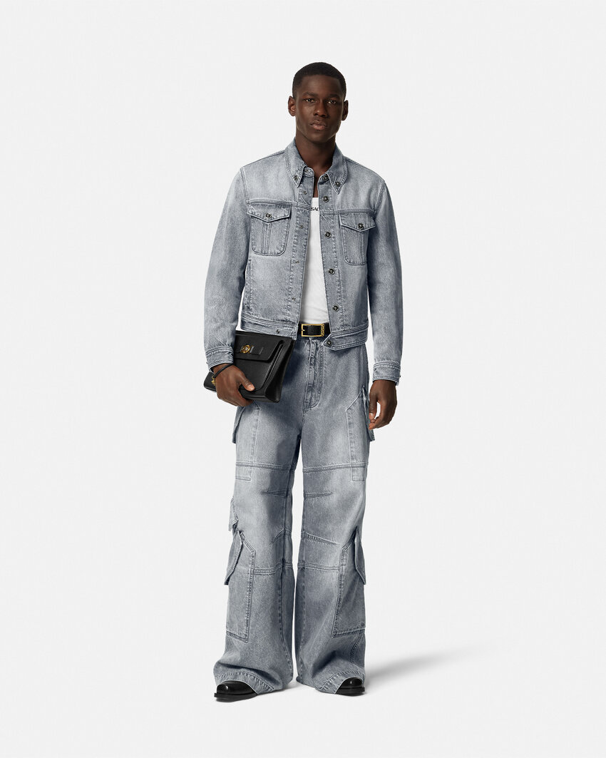 Versace Denim Blazer Flap Pockets In Gray