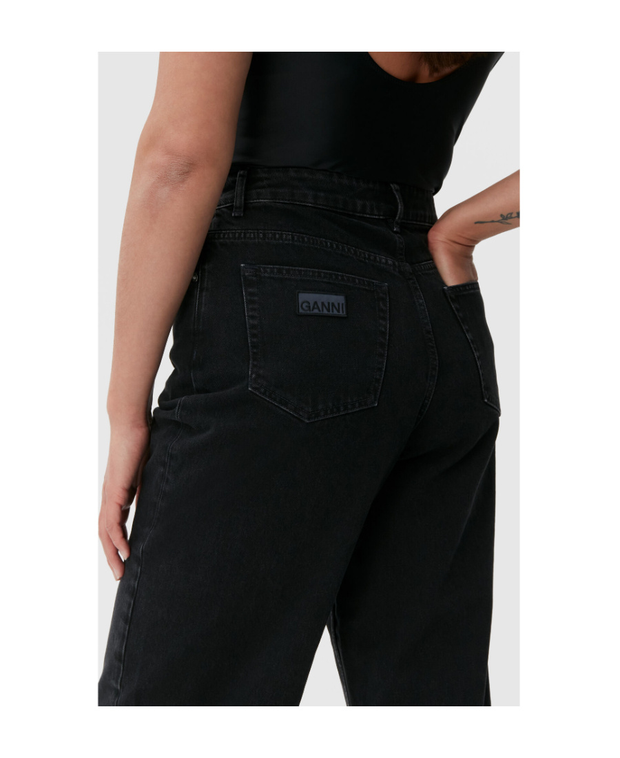 Ganni Black Pants With High Waist And Logo Patch On The Rear In Cotton Woman In Black
