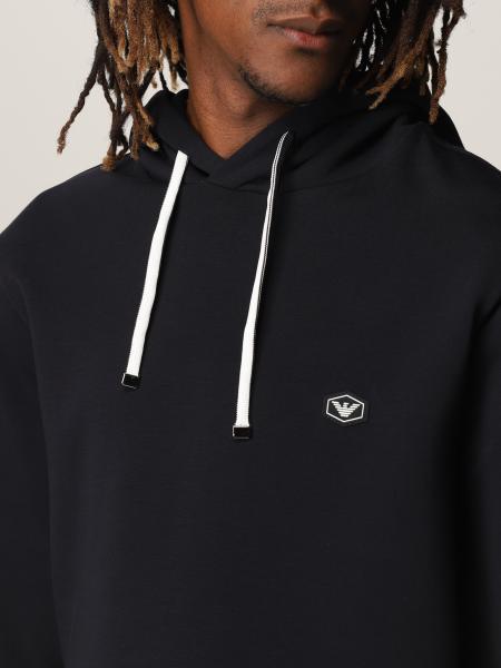 Emporio Armani Ribbed Navy Cotton Hoodie With Drawstring In Black
