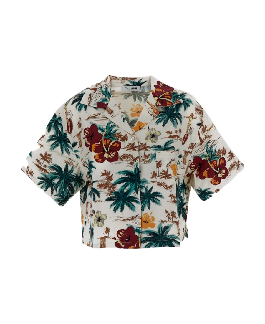 Miu Miu Cropped-seidenhemd Mit Floralem Print In Nude