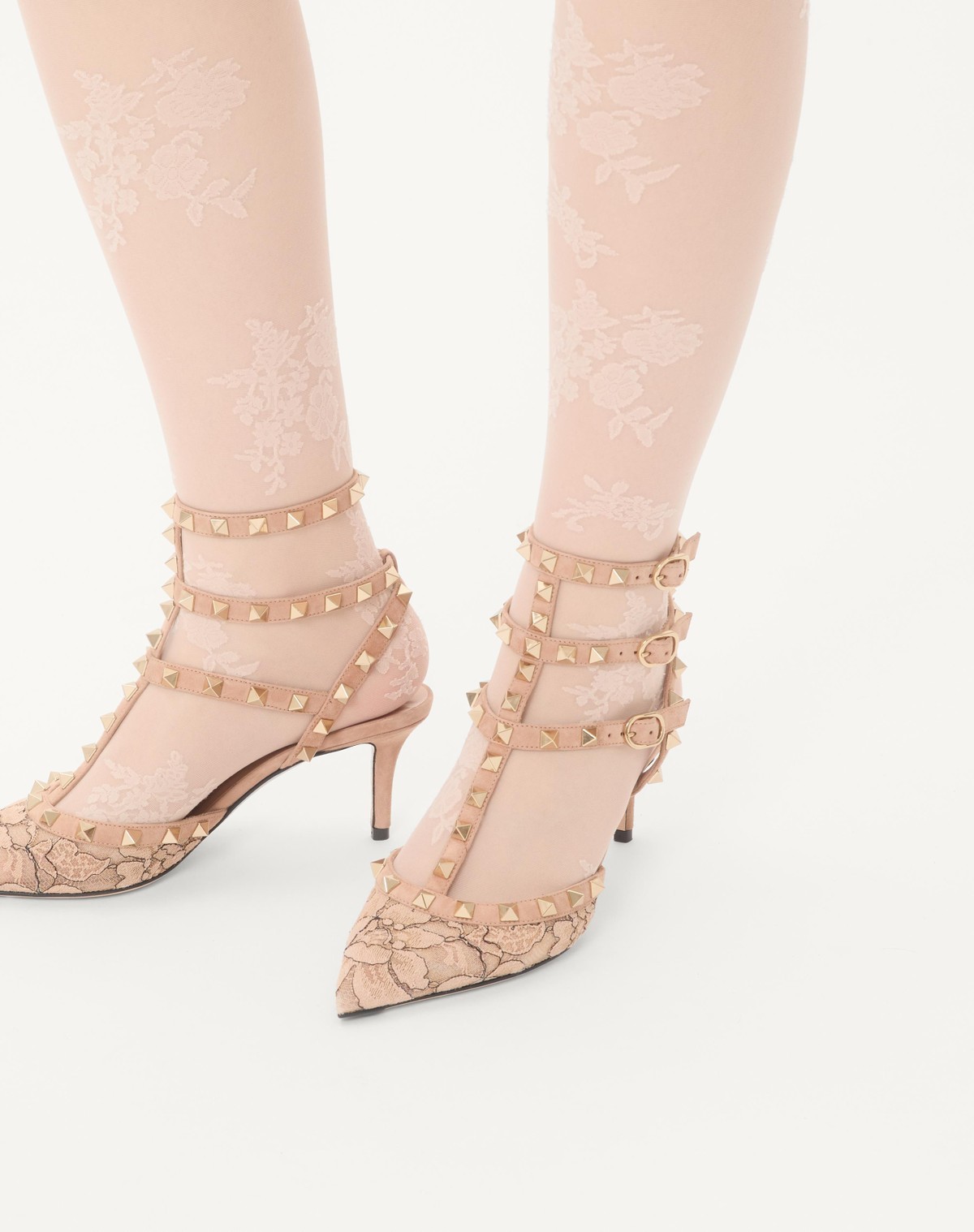 Valentino 65mm Rockstud Lace Ankle-strap Pumps In Multi