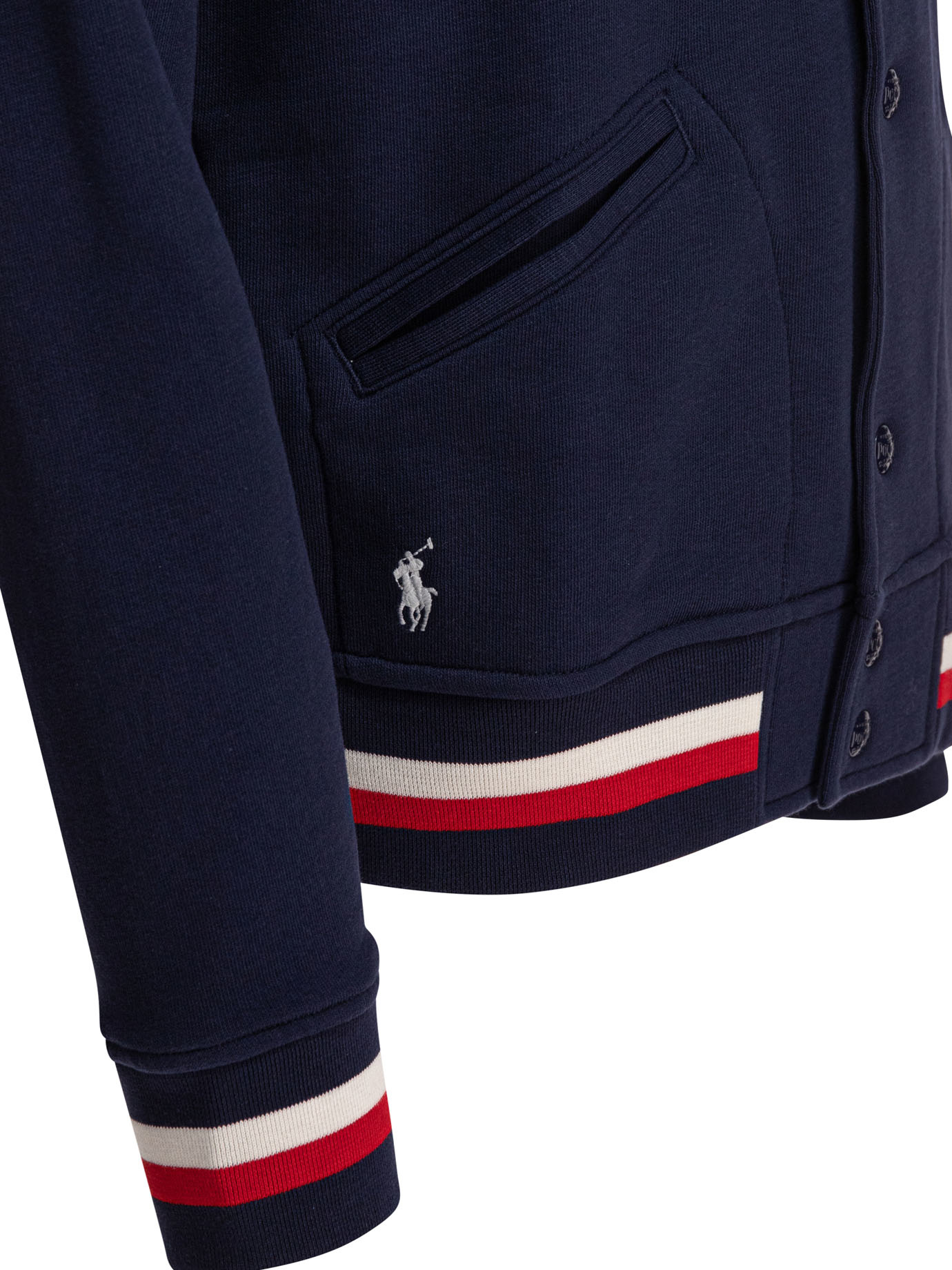 Polo Ralph Lauren Ribbed Collar Striped Detailing Front Pockets Jacket In Navy Blue