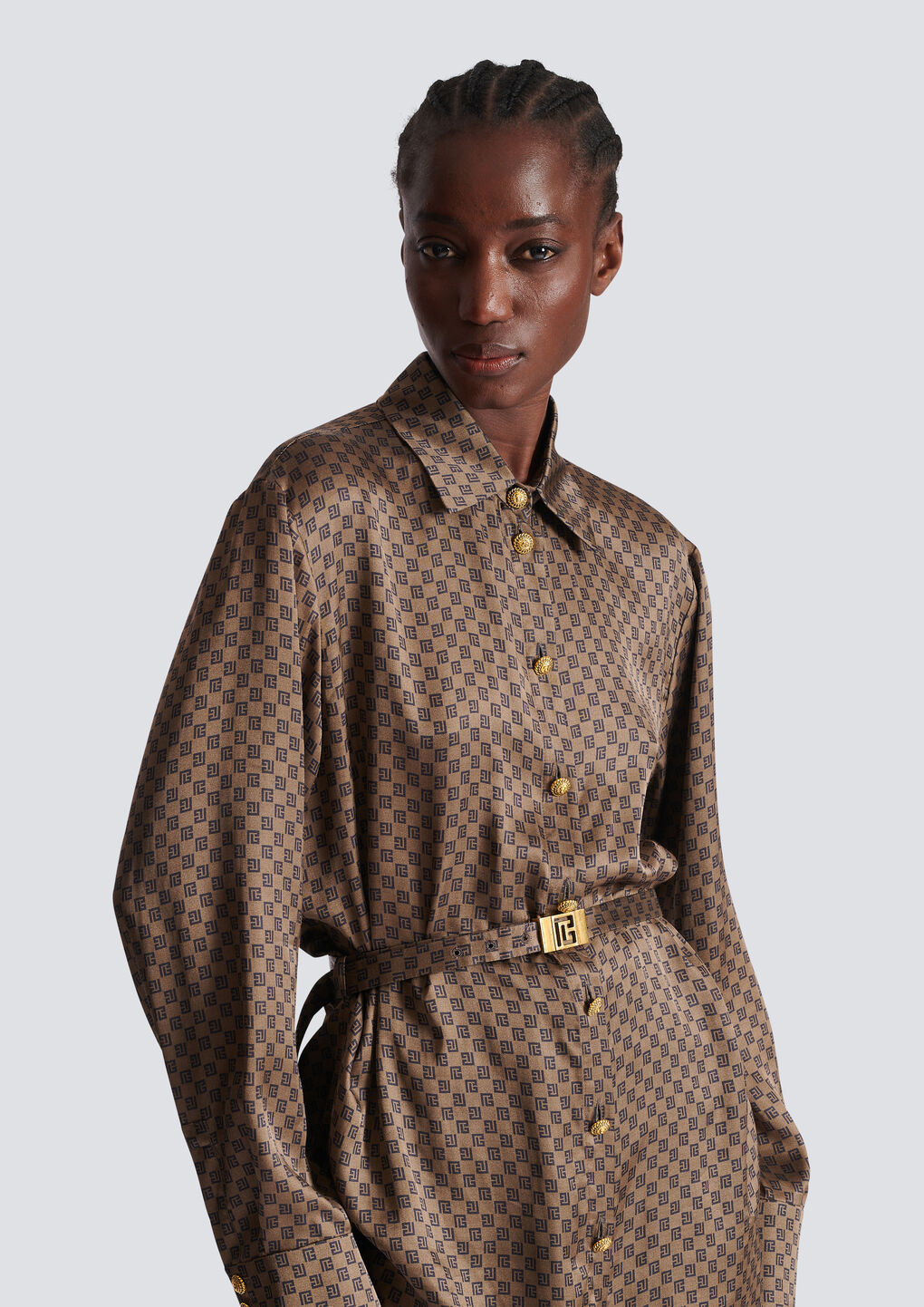 Balmain Silk Shirt With A Mini Monogram Print In Brown