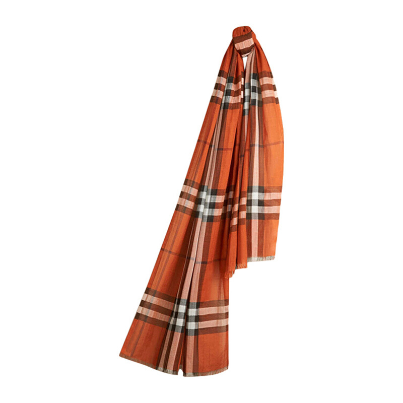 Burberry Orange Plaid Silk Wool Blended Scarf In Multicolor