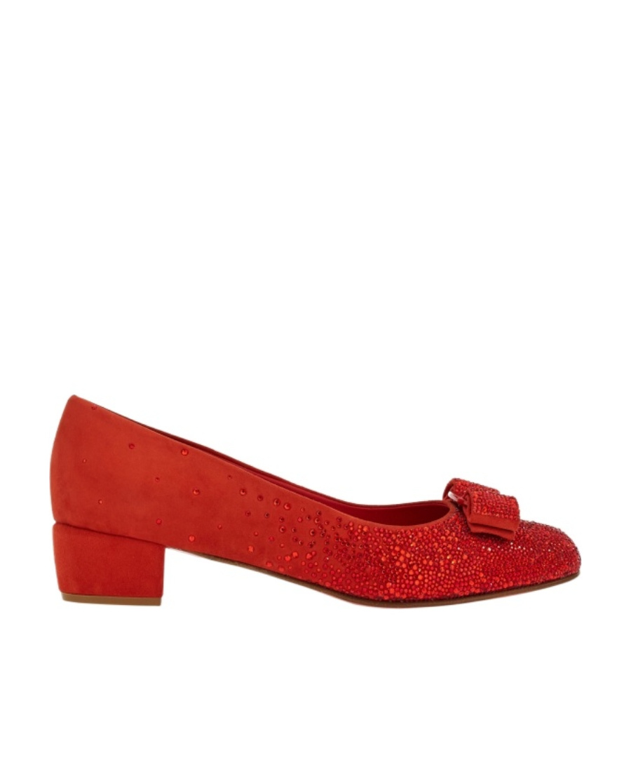 Ferragamo Suede Block Heel Pumps With Bow Detail In Red