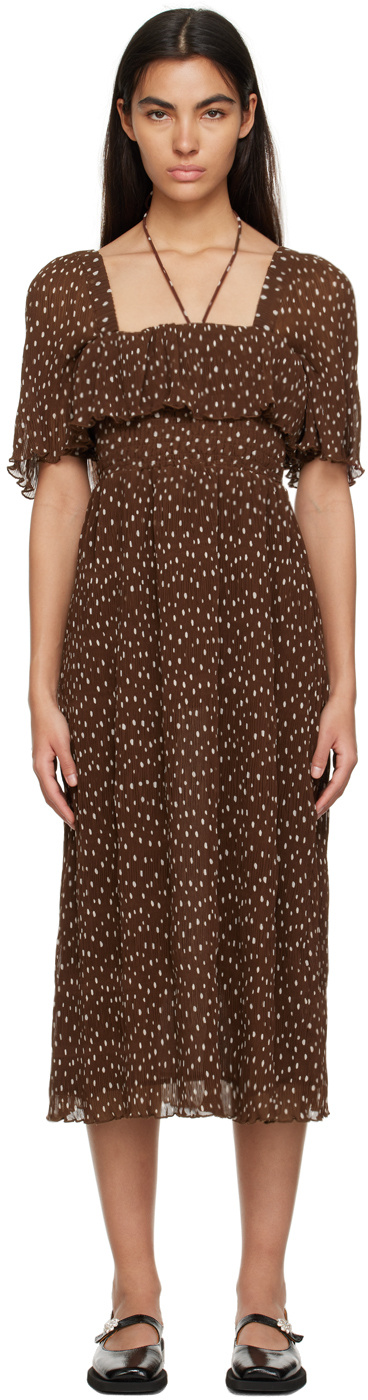 Shop Ganni Motif-print Sleeveless Dress In Brown