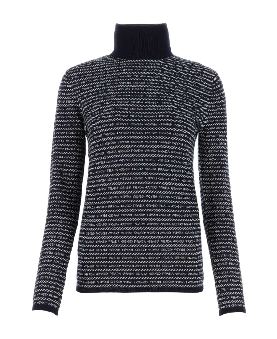 Prada Superfine Wool Turtleneck Sweater With Intarsia Logo In Black