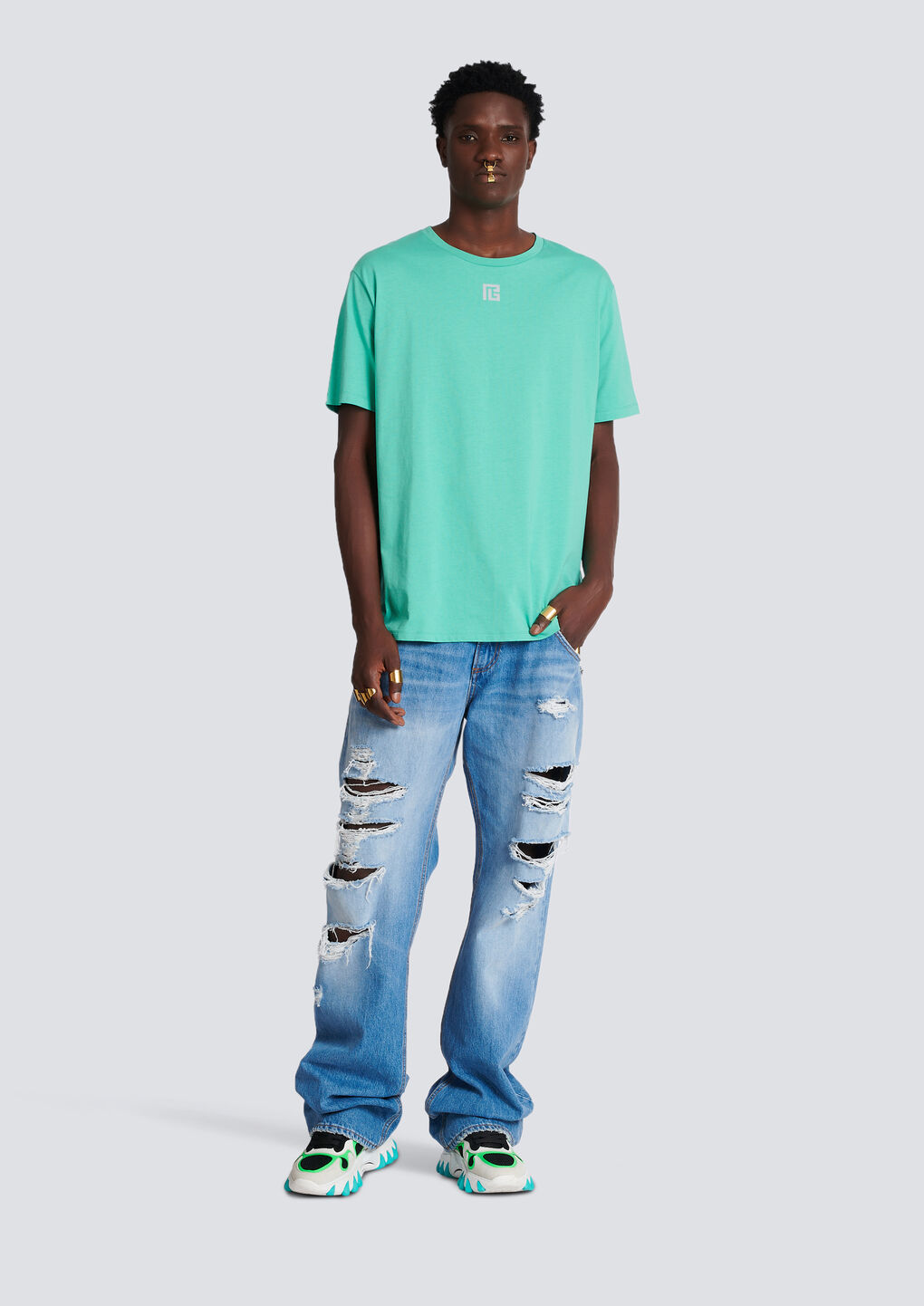 Shop Balmain Oversized T-shirt In Eco-responsible Cotton With Reflective Maxi Logo Print In Green