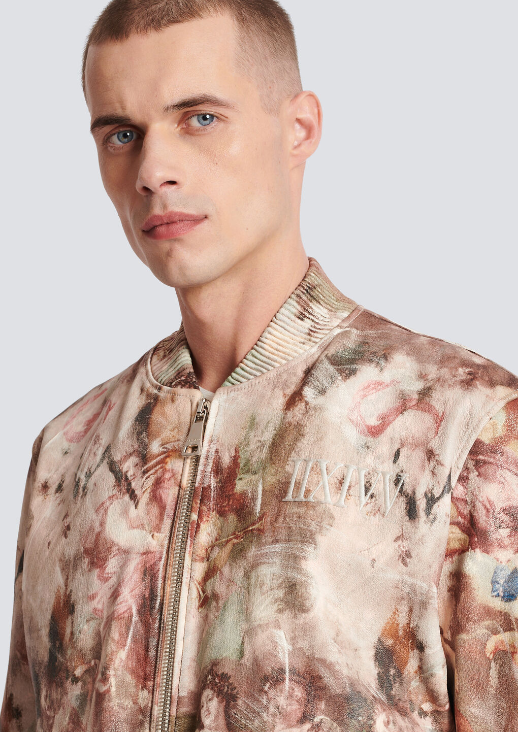 Balmain Painting-print Leather Bomber Jacket In Nude