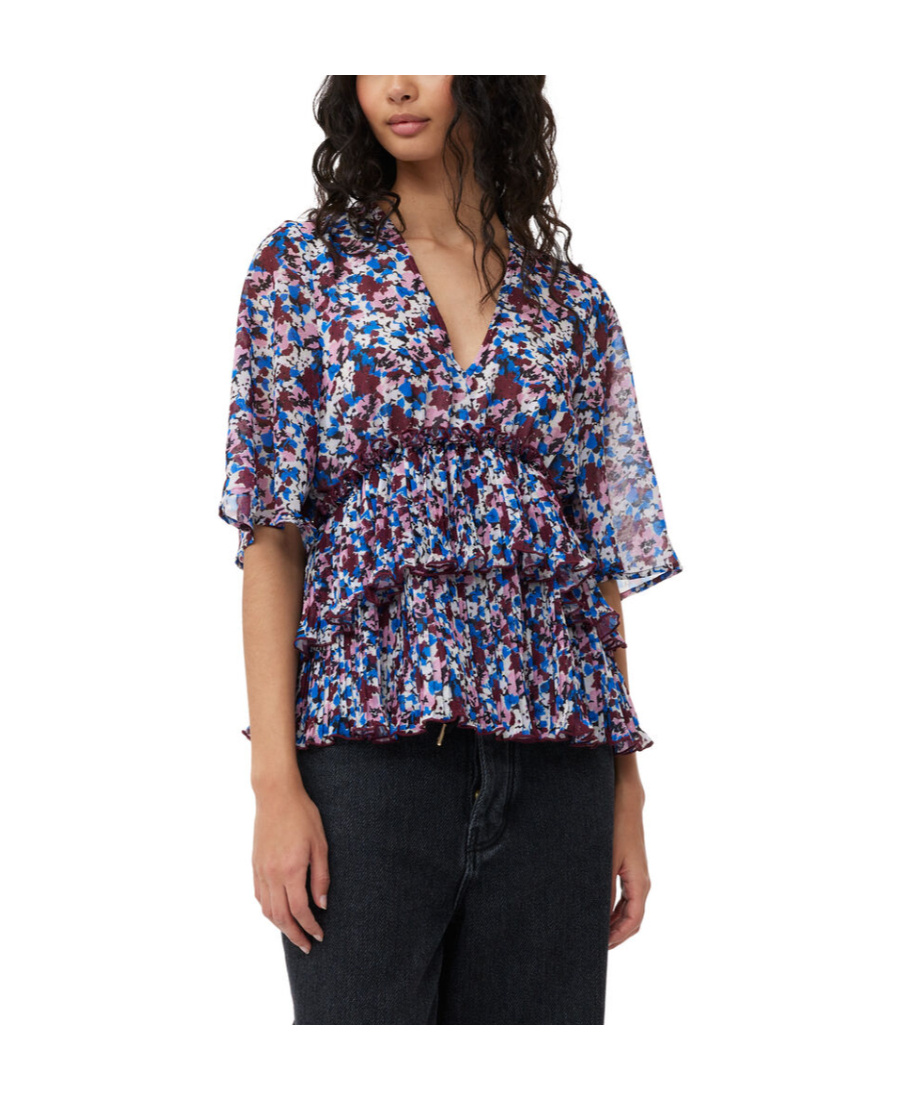Ganni Pleated Blouse With Floral Motif In Multicolor