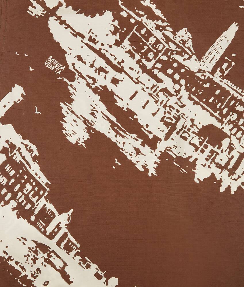 Bottega Veneta Postcard Print Silk Shantung Short Sleeve Shirt In Brown