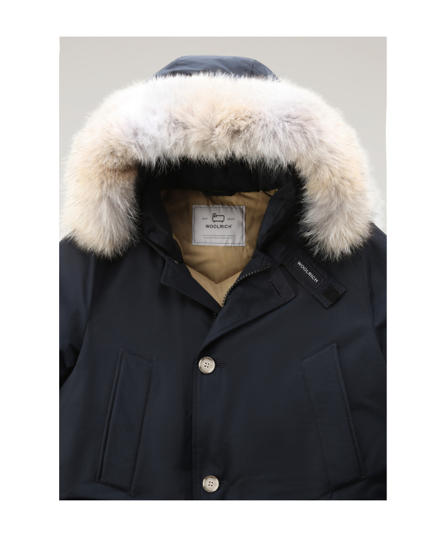 Woolrich Blue Down Filled Jacket With Fur Hood In Black