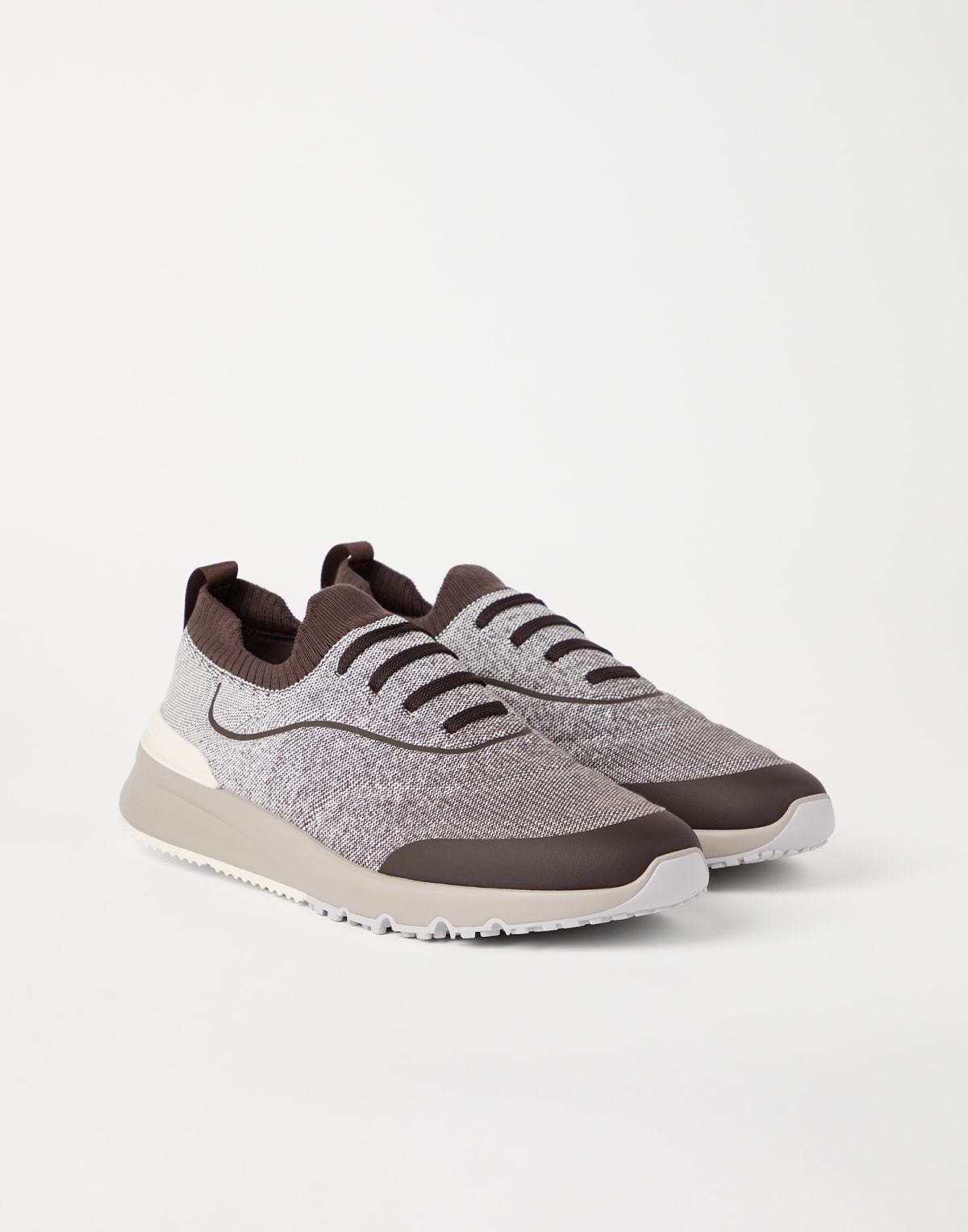 Brunello Cucinelli Men Techno Cotton Knit Sneakers Runners In Brown