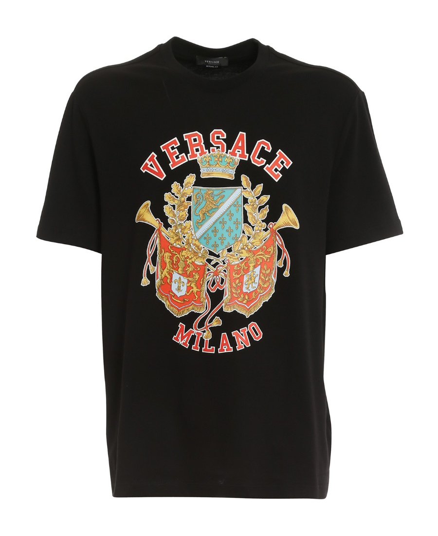 Versace Crest Logo-print Crew-neck T-shirt In Multicolor