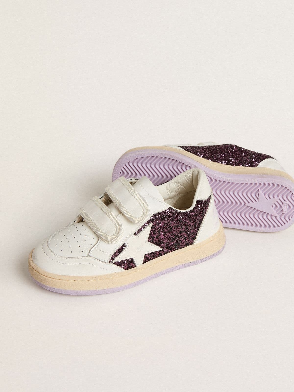 Golden Goose Teen Ball Star In Purple Glitter With White Leather Star And Heel Tab In White