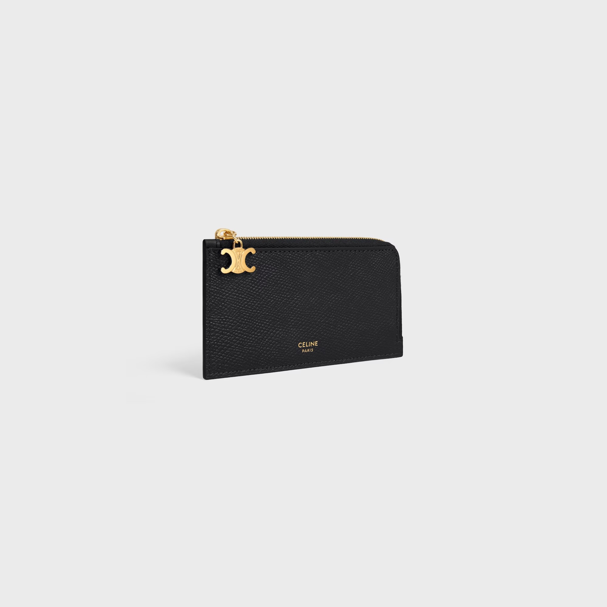 Celine Long Zipped Card Holder In Grained Calfskin In Black