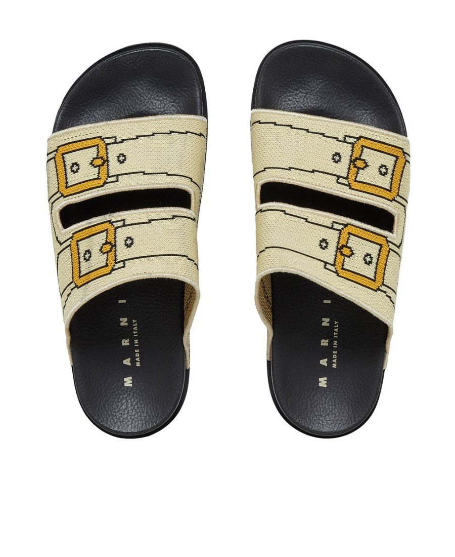 Marni Ecru And Gold Trompe L'oeil Jacquard Two-strap Slide In Brown