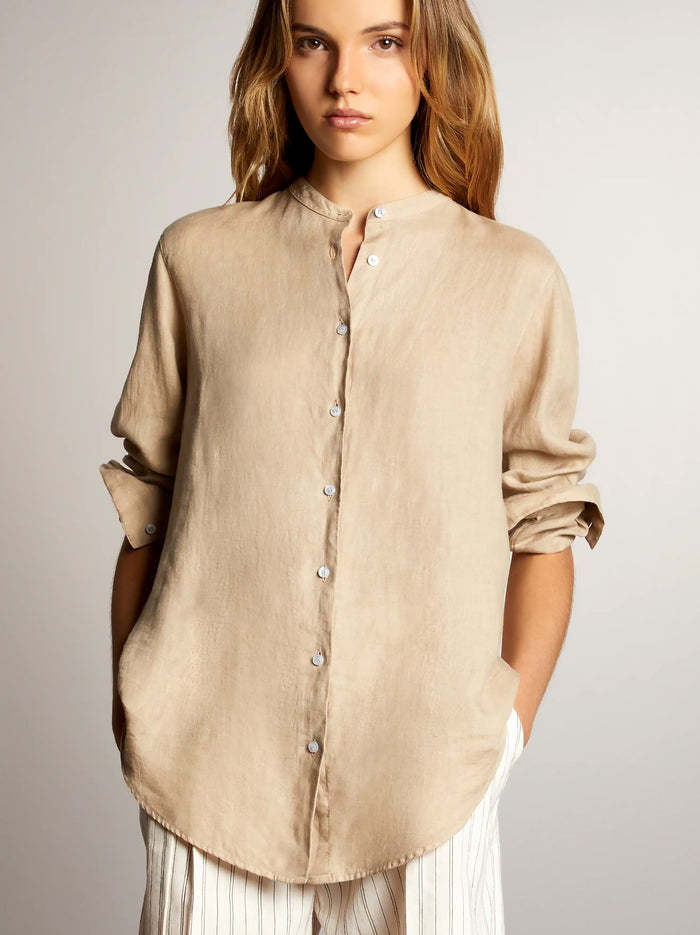 Fay Vegan Linen Shirt With Mandarin Collar In Nude