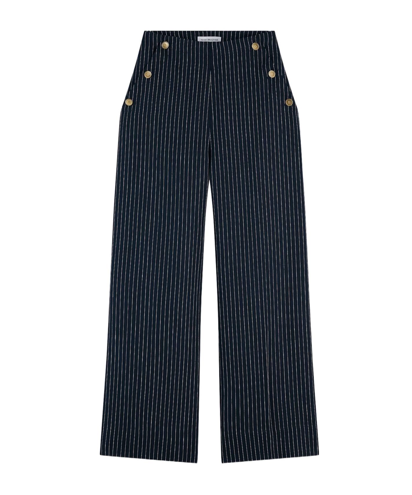 Tommy Hilfiger Pinstripe Gold-tone Button Wide Leg Trousers With Linen In Blue