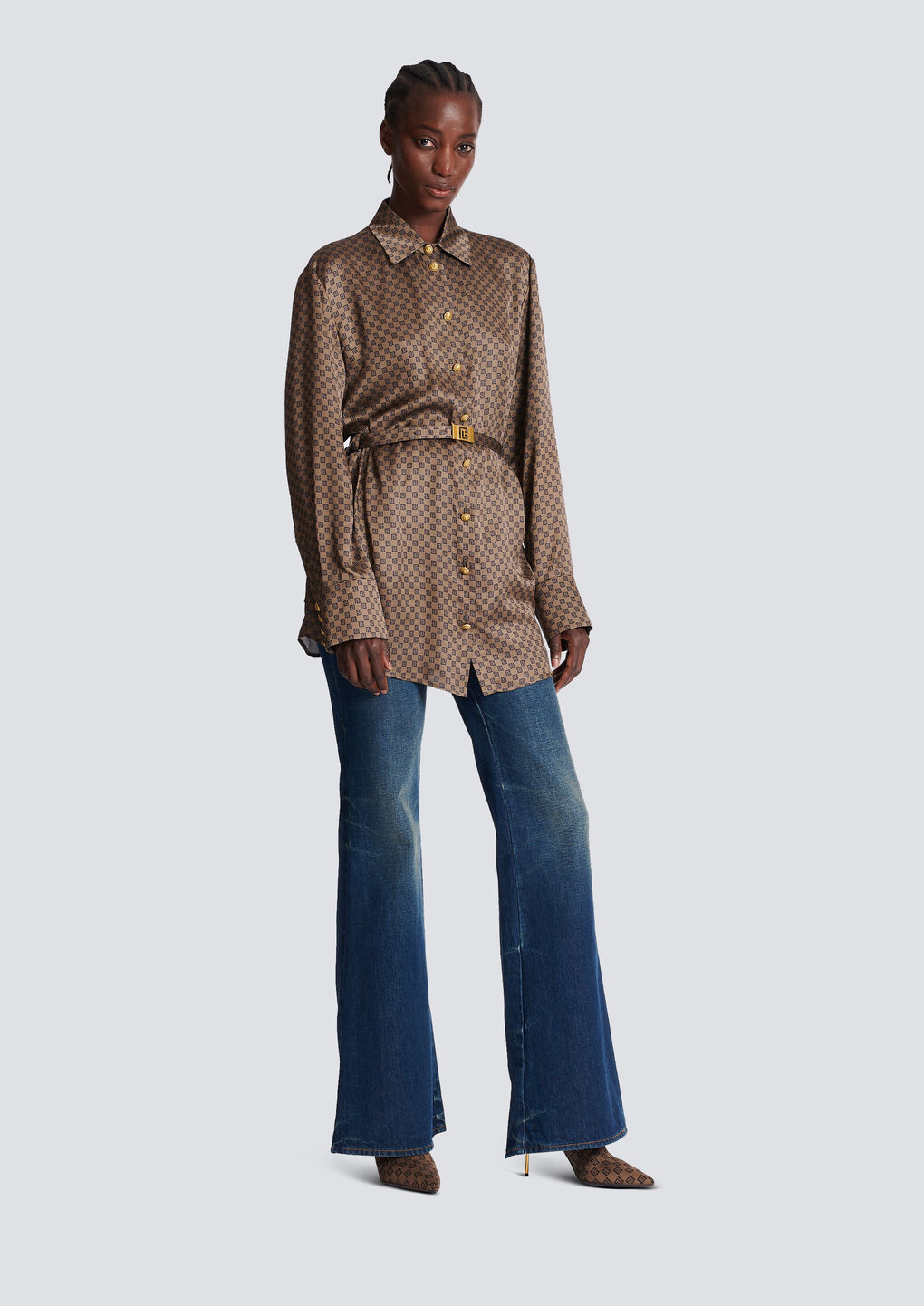 Balmain Silk Shirt With A Mini Monogram Print In Brown