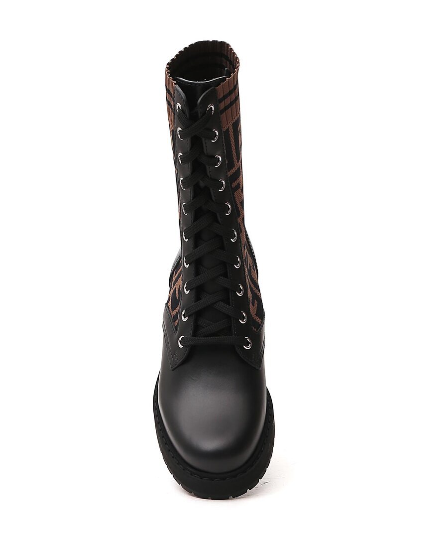 Fendi Black Leather Biker Boots With Stretch Fabric
