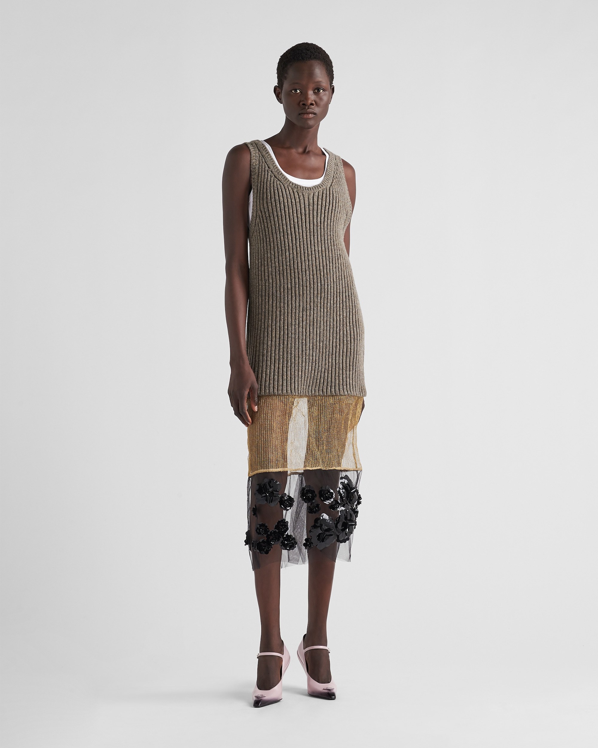 Prada Sleeveless Floral-embroidered Knit Dress In Nude