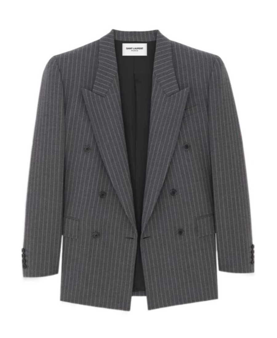 Saint Laurent Classic Pinstripe Double Breasted Blazer In Gray