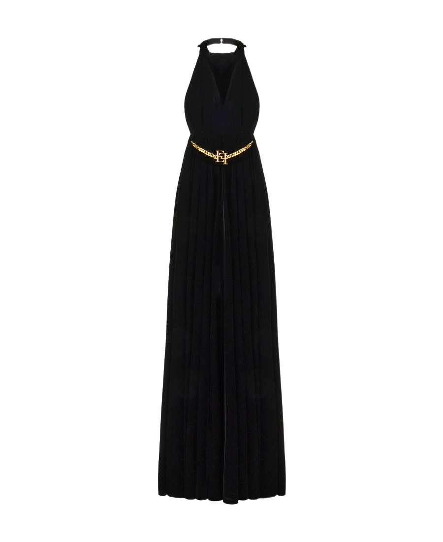 Elisabetta Franchi Velvet Dress With Deep V Neckline And Hood In Black