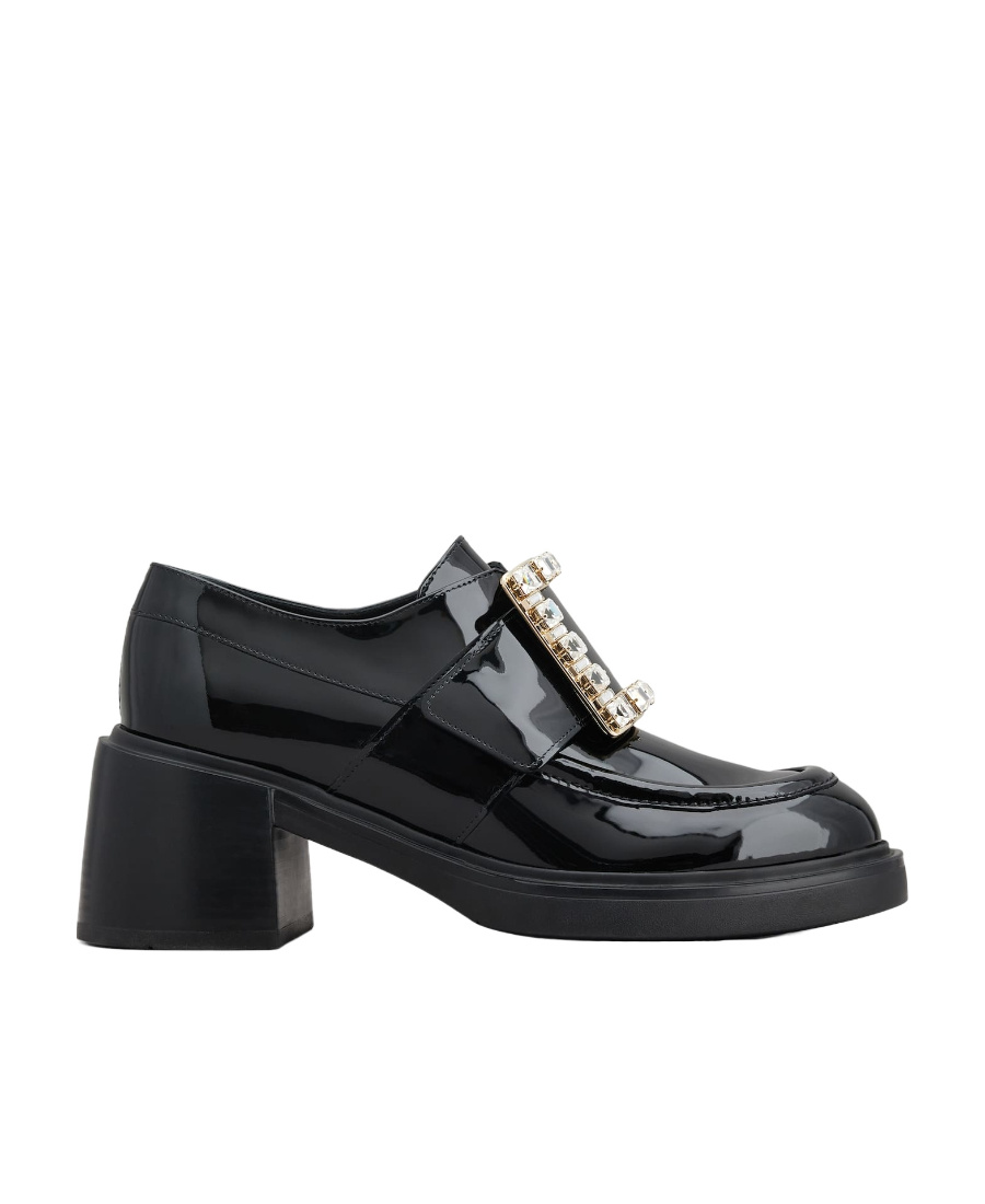 Roger Vivier Viv' Rangers Rhinestone Buckle Loafer Heels In Black