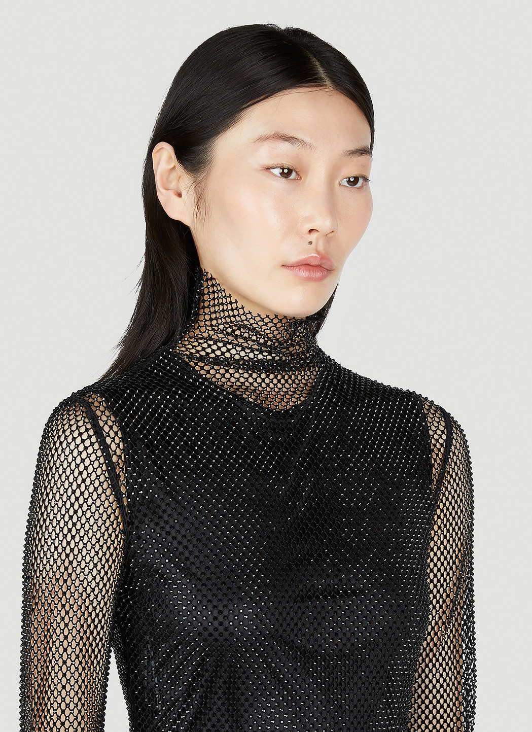Sportmax Sheer Fishnet Long-sleeve Fitted Top With High Neck In Black