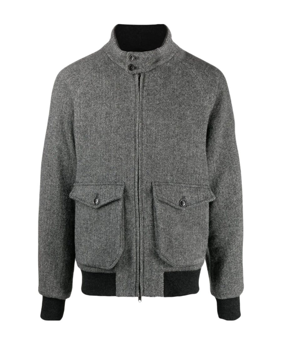 Baracuta Herringbone-patterned Bomber Jacket With Buttoned Pockets In Gray