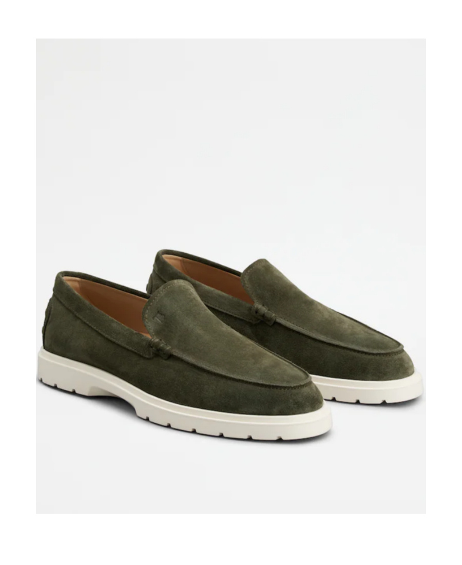 Tod's Round Toe Suede Loafers With Decorative Stitching In Green