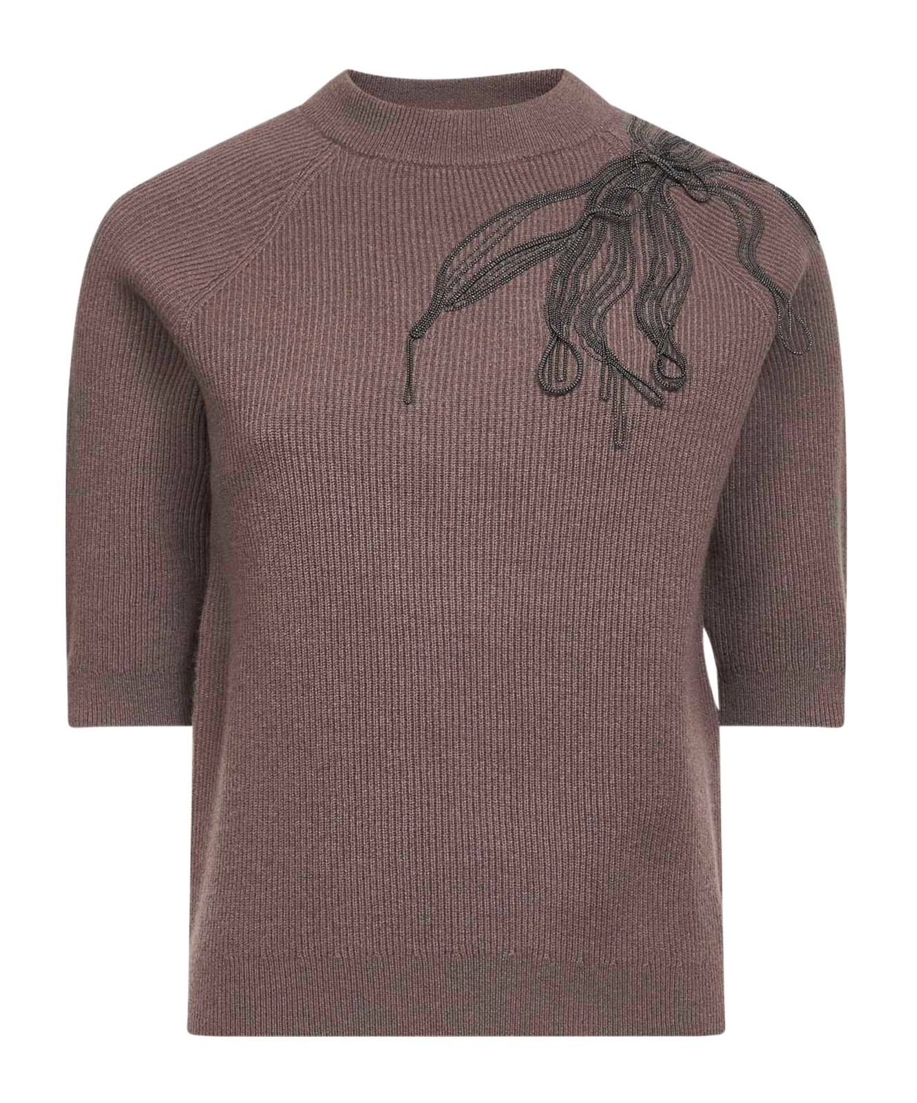 Brunello Cucinelli Women Brown Cashmere Shiny Flower Embroidery Sweater In Multi
