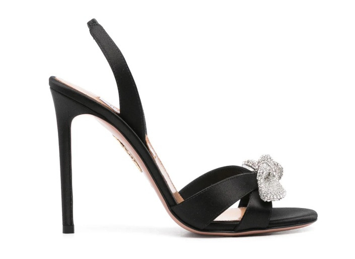 Aquazzura Bow Tie Crystal-embellished Satin Sandals In Black