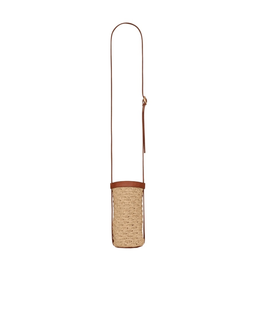 Saint Laurent Bottle Holder In Raffia Crochet And Smooth Leather In Nude
