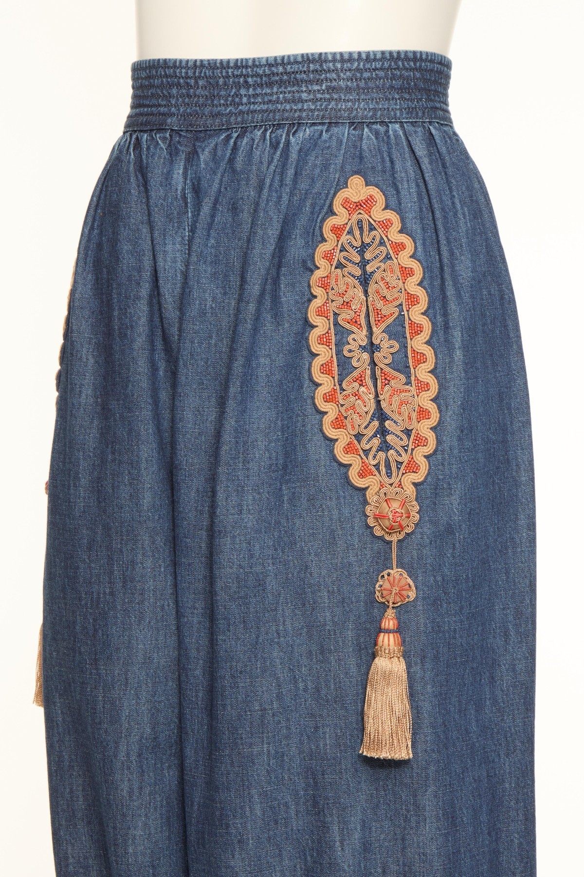 Shop Valentino Balloon Trousers In Embroidered Denim Chambray In Blue