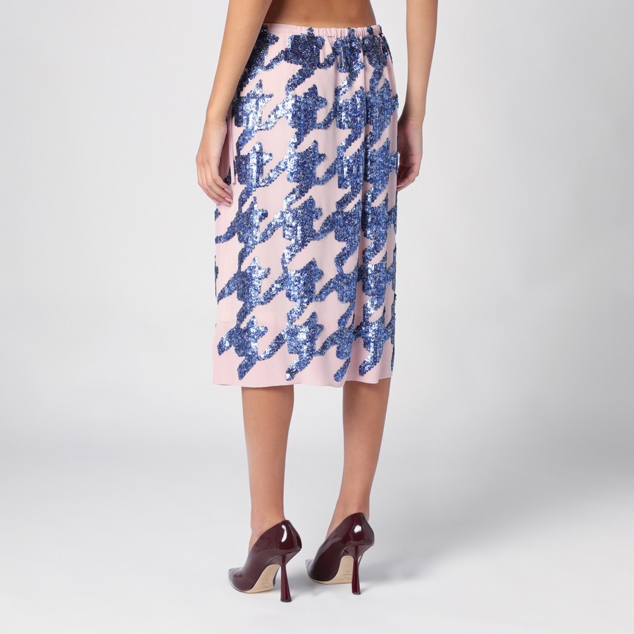 Dries Van Noten Sequin Silk Skirt Houndstooth Pattern In Blue