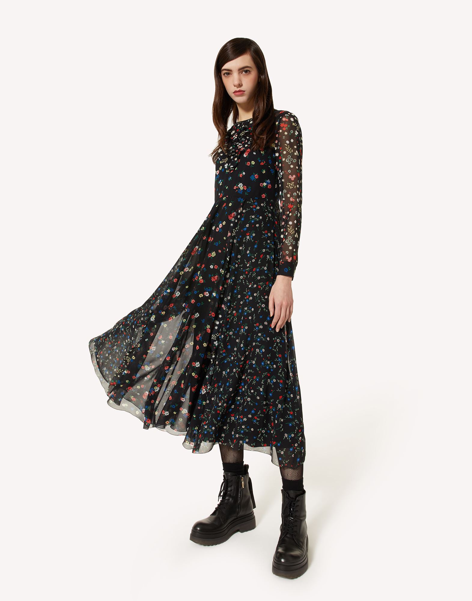 Red Valentino Black Flower Printed Dress In Black
